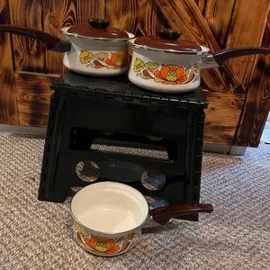 Vintage Sanko Ware Country Flowers porcelain enameled steel cookware